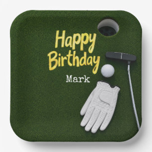 Assiettes En Carton Balle de golf avec tee sur l'herbe verte anniversa