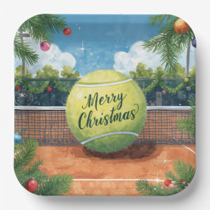 Assiettes En Carton Balle de tennis Noël sur fond de court