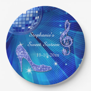 Assiettes En Carton Balle disco bleue et talons hauts Sweet 16