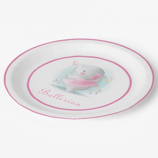 Assiettes En Carton Ballerina d'éléphant rose dans une danse tutu ador (Angle)