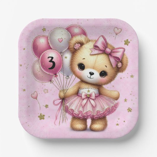 Assiettes En Carton Ballerina rose ours Parties scintillant ballon fêt (Recto)