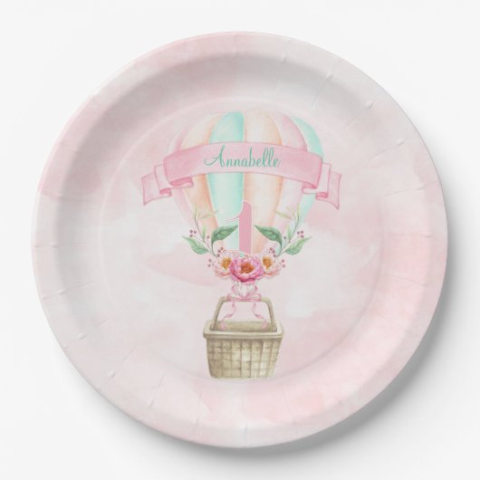 Assiettes En Carton Ballon à Air Chaud pour 1er Anniversaire Rose Ment (Devant)