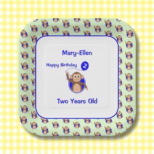 Assiettes En Carton Ballon bleu singe de 2e anniversaire