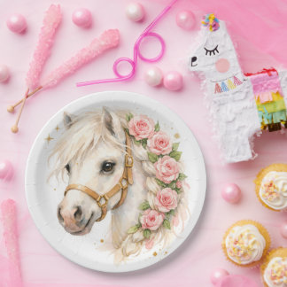 Assiettes En Carton Ballon de cheval blanc à l'aquarelle élégant avec