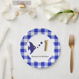 Assiettes En Carton Ballon en forme de poisson avec motif Gingham bleu