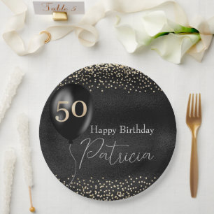 Assiettes En Carton Ballon noir et or pour 50e anniversaire