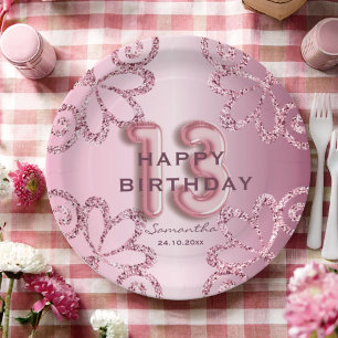 Assiettes En Carton Ballon Rose Clair et Paillettes pour 13e Anniversa