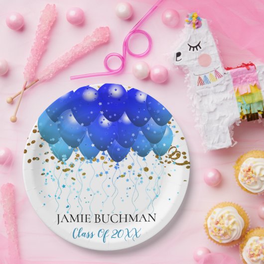 Assiettes En Carton Ballons Bleus Bleus Gold Confetti Blanc (Fête)