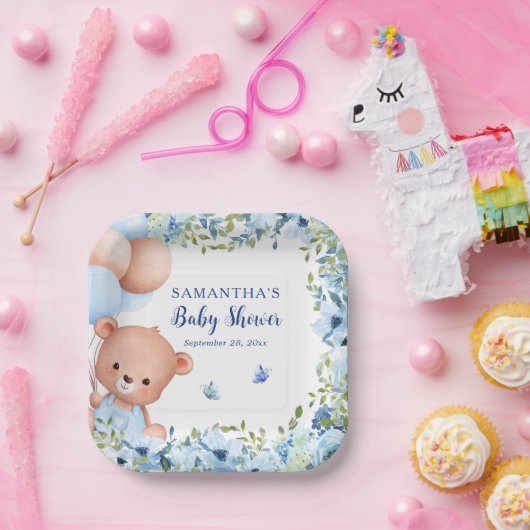 Assiettes En Carton Ballons Bleus Ours Teddy Baby shower d'attente rap (Fête)
