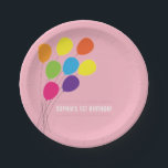 Assiettes En Carton Ballons colorés Filles 1er anniversaire fête<br><div class="desc">Cette jolie plaque en papier de fête d'anniversaire pour filles présente une représentation graphique d'un bouquet de ballons multicolores agitant dans le vent. L'arrière - plan est un rose doux qui le rend parfait pour l'anniversaire d'une petite fille.</div>