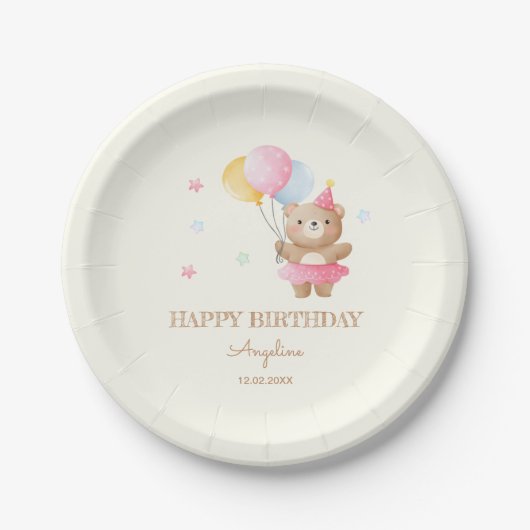 Assiettes En Carton Ballons colorés mignon ours fille Anniversaire (Devant)