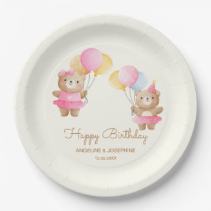 Assiettes En Carton Ballons colorés Ours Filles Jumelles Anniversaire