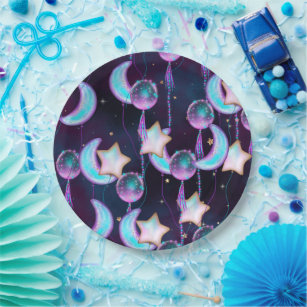 Assiettes En Carton Ballons cosmiques   Blue Purple Moon Stars Planète
