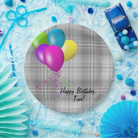 Assiettes En Carton ballons d'anniversaire sur plaid gris (Fête)