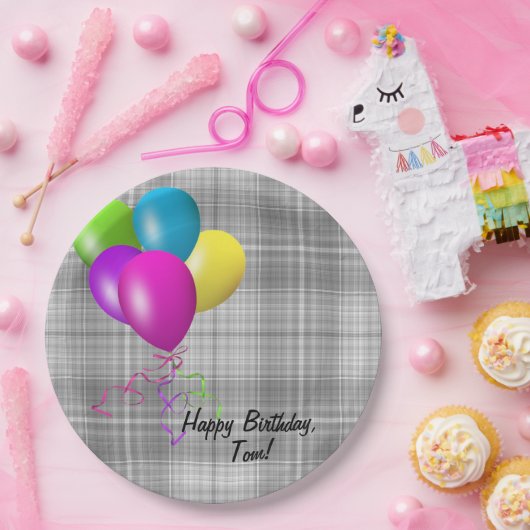Assiettes En Carton ballons d'anniversaire sur plaid gris (Fête)