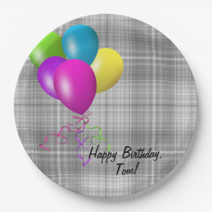 Assiettes En Carton ballons d'anniversaire sur plaid gris