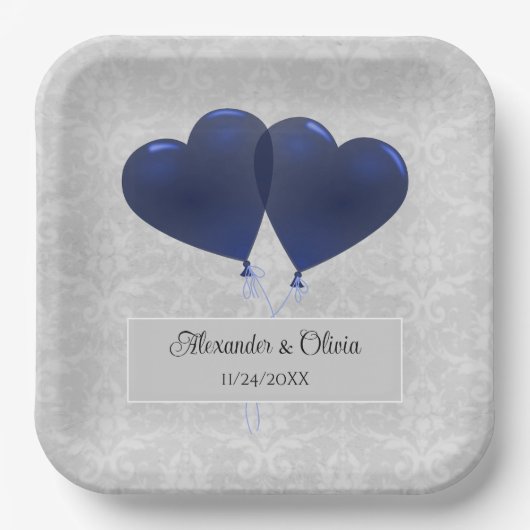Assiettes En Carton Ballons de coeur bleu Plaques de papier Wedding sh (Recto)