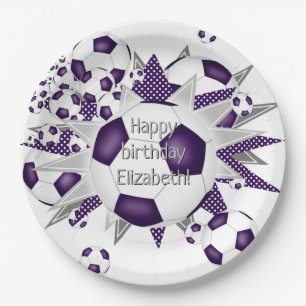 Assiettes En Carton Ballons de football blanc violet étoiles anniversa