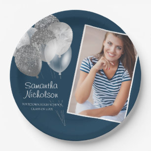 Assiettes En Carton Ballons de Parties scintillant d'argent bleu de la