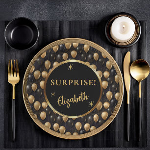 Assiettes En Carton Ballons de Parties scintillant d'or noir Anniversa