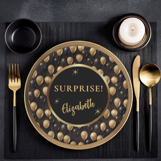 Assiettes En Carton Ballons de Parties scintillant d'or noir Anniversa