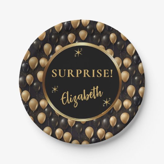 Assiettes En Carton Ballons de Parties scintillant d'or noir Anniversa (Devant)