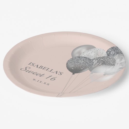 Assiettes En Carton Ballons de Parties scintillant en argent rose vif (Angle)