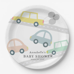 Assiettes En Carton Ballons de voiture jaune Baby shower blanc
