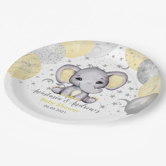 Assiettes En Carton Ballons d'éléphant à Baby shower jaune mignon (Angle)
