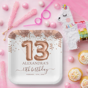 Assiettes En Carton Ballons d'or rose 13e fête d'anniversaire
