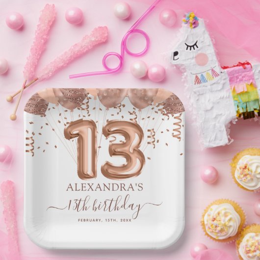 Assiettes En Carton Ballons d'or rose 13e fête d'anniversaire (Fête)