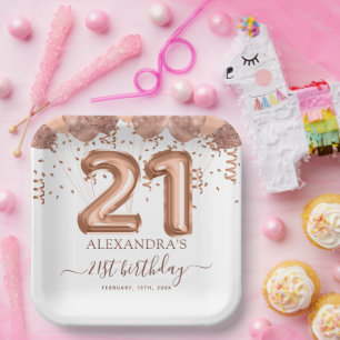 Assiettes En Carton Ballons d'or rose 21e fête d'anniversaire