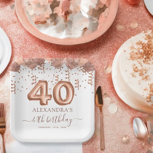 Assiettes En Carton Ballons d'or rose fête du 40e anniversaire