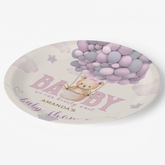 Assiettes En Carton Ballons d'ours baby shower Vioet rose (Angle)
