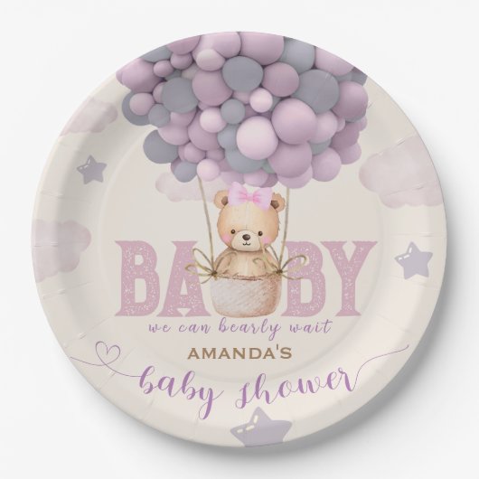 Assiettes En Carton Ballons d'ours baby shower Vioet rose (Devant)