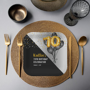 Assiettes En Carton Ballons élégants Noir Gold 70th Birthday Party