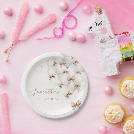 Assiettes En Carton Ballons en Bow beige Plaques en papier d'anniversa (Fête)