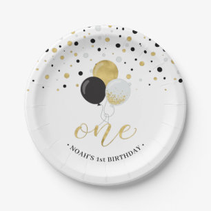 Assiettes En Carton Ballons en Confettis Or et Noir pour Anniversaire