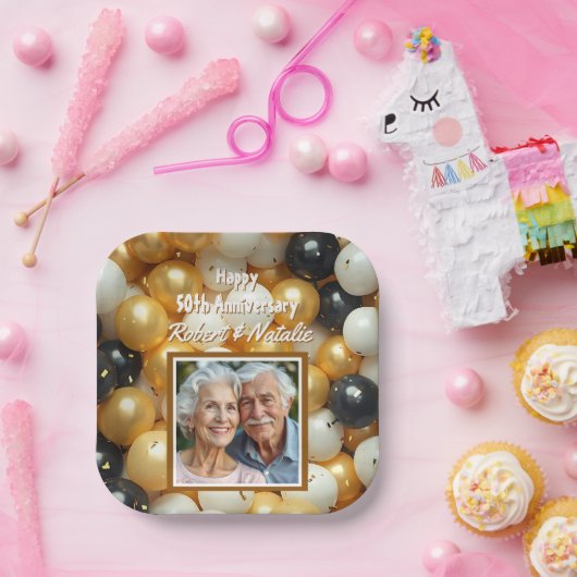 Assiettes En Carton Ballons noir et or | Anniversaire personnalisé (Fête)