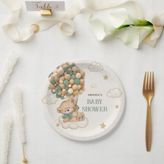 Assiettes En Carton Ballons Ours En Teddy Baby shower Vert Beige (Mariage)