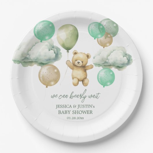 Assiettes En Carton Ballons Ours Teddy Baby shower Ciel Vert (Devant)