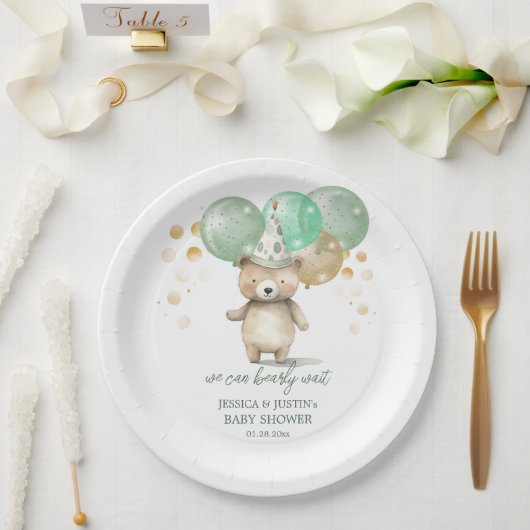 Assiettes En Carton Ballons Ours Teddy Baby shower Or Vert (Mariage)