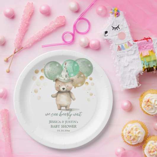 Assiettes En Carton Ballons Ours Teddy Baby shower Or Vert (Fête)