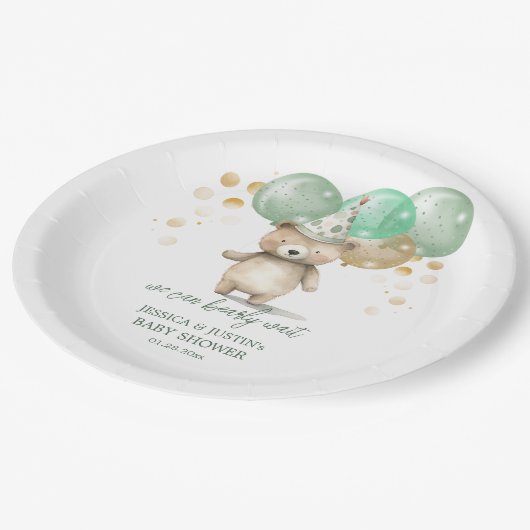 Assiettes En Carton Ballons Ours Teddy Baby shower Or Vert (Angle)
