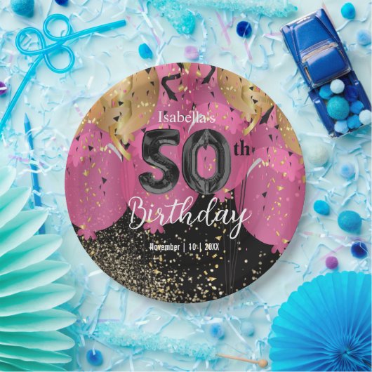 Assiettes En Carton Ballons roses et Parties scintillant 50e anniversa (Fête)