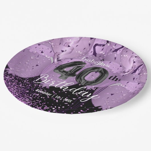 Assiettes En Carton Ballons violets et Parties scintillant 40e anniver (Angle)
