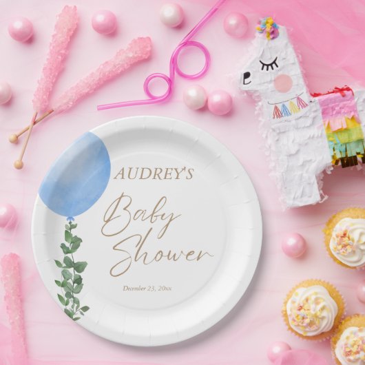 Assiettes En Carton Balloon bleu Aquarelle bébé garçon douche Oh garço (Fête)