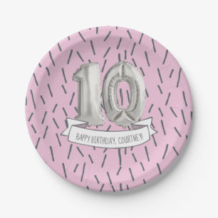 Assiettes En Carton Balloon rose et gris Filles 10e anniversaire