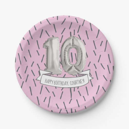 Assiettes En Carton Balloon rose et gris Filles 10e anniversaire (Devant)