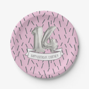 Assiettes En Carton Balloon rose et gris Filles 14e fête d'anniversai